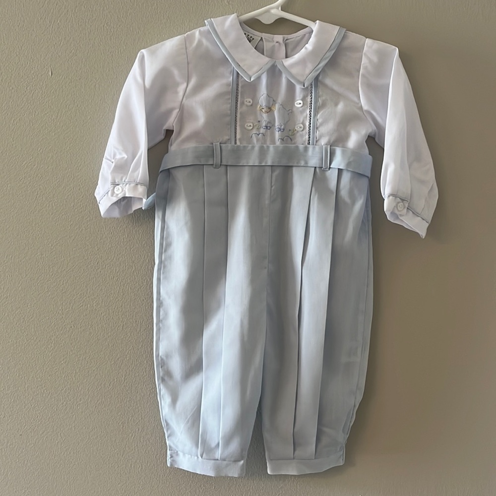0-3 month light blue and white Royal Baby romper with lamb stitched on it